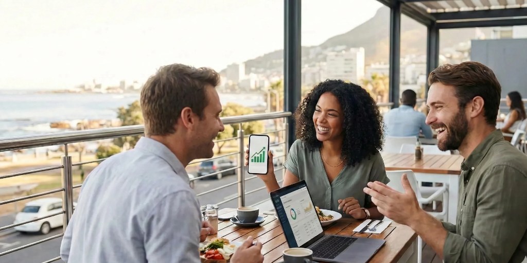 people at a restaurant talking about a retirement savings planning app