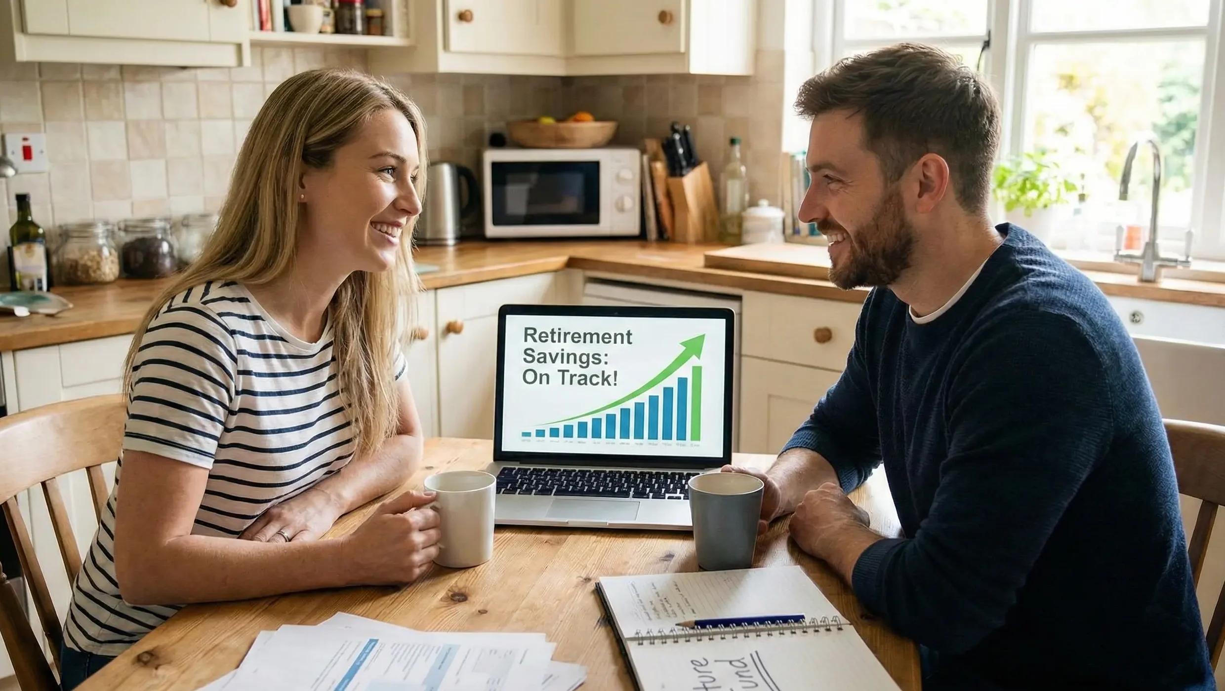 couple planning for retirement funds at home smiling